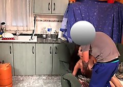 Delivery guy filmed while fucking oiled spanish beauty