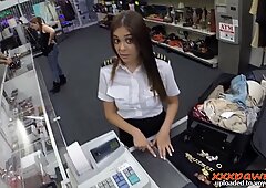 Sexy stewardess goes to a pawnshop and nailed in the toilet