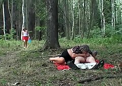 Perverted granny is sucking in the forest