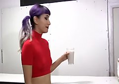 Dahlia drinks milk and gets face fucked!