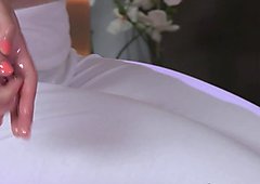 Busty masseuse gets hairy cunt licked in massage room