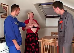 Old women pleases two repairmen